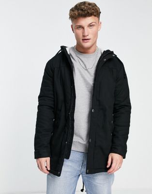 Only & Sons borg lined parka coat with hood in black