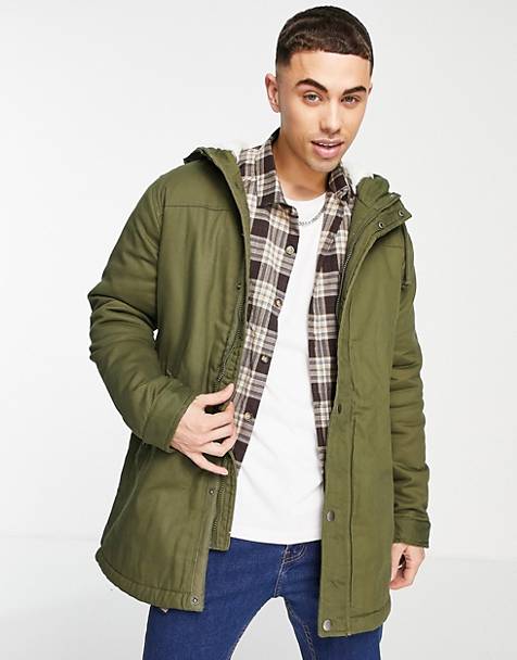 Urbancode Longline Hooded Coat With Contrast Borg in Green for Men Mens Clothing Coats Parka coats 