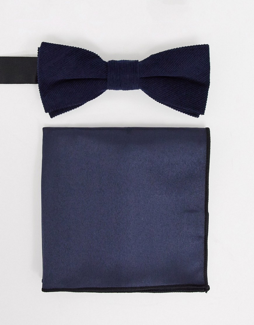 Only & Sons boxed cord bow tie and pocket square in navy