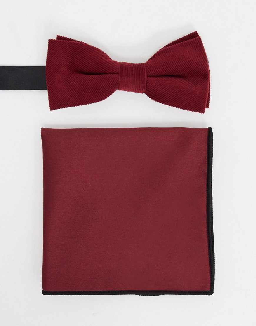 Only & Sons boxed cord bow tie and pocket square in red