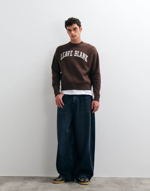 ONLY & SONS boxy fit crew neck jumper with leave blank varsity print in brown, 3 of 5