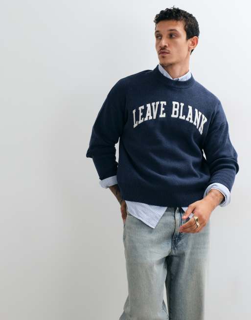 ONLY & SONS boxy fit crew neck jumper with leave blank varsity print in retro blue, 2 of 5