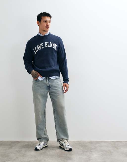 ONLY & SONS boxy fit crew neck jumper with leave blank varsity print in retro blue, 3 of 5