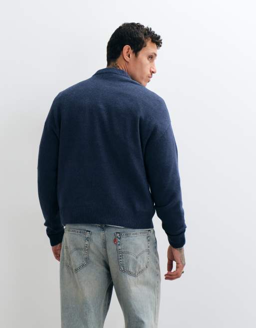 ONLY & SONS boxy fit crew neck jumper with leave blank varsity print in retro blue, 5 of 5