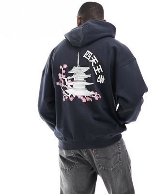 ONLY & SONS boxy fit hoodie with temple print in navy