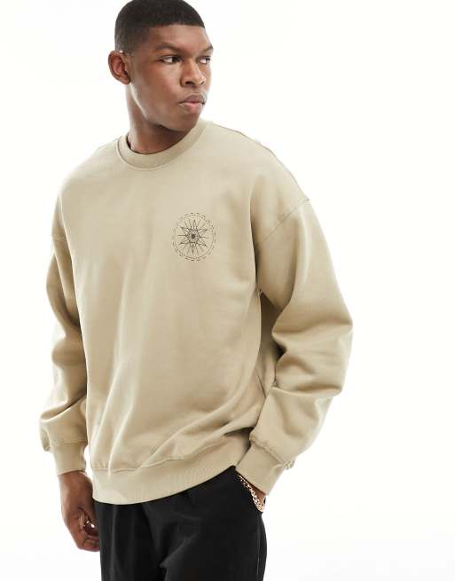 ONLY SONS boxy fit sweater with hamsa hand back print in beige