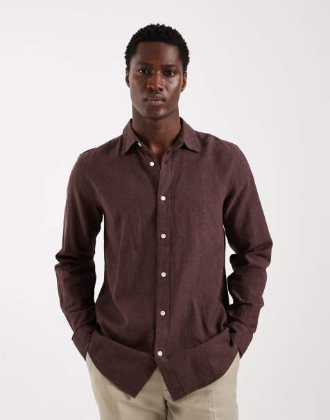 ONLY & SONS linen mix long sleeve shirt in brown