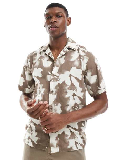ONLY & SONS revere collar shirt with blurred floral print in brown