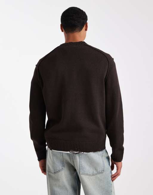 ONLY & SONS – Brązowy postrzępiony sweter z okrągłym dekoltem, 3 z 5