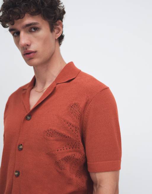 ONLY & SONS - Brændt rød strikket skjorte med korte ærmer og blomsterdetaljer, 3 af 9