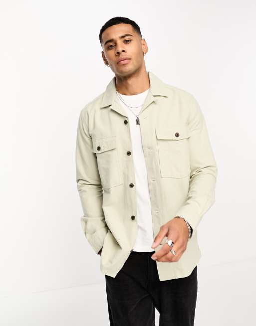 Only & Sons brushed cotton worker overshirt in beige | ASOS