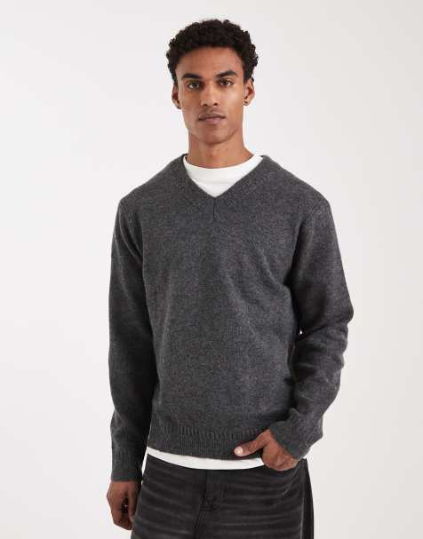 ONLY & SONS brushed knit v neck jumper in dark grey