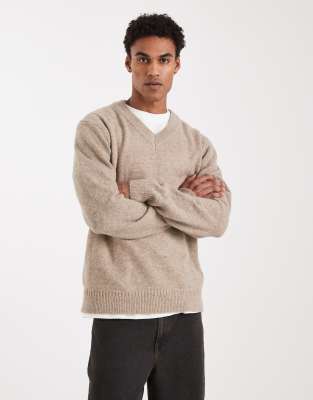 Only & Sons Brushed Knit V Neck Sweater In Gray