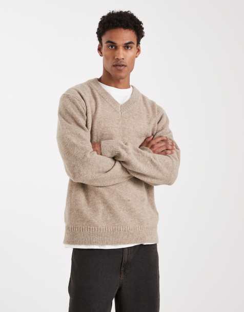 ONLY & SONS brushed knit v neck sweater in beige - view 1