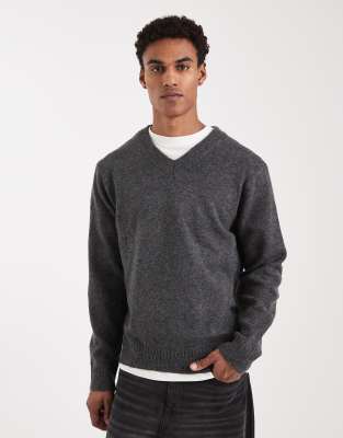Only & Sons Brushed Knit V Neck Sweater In Gray