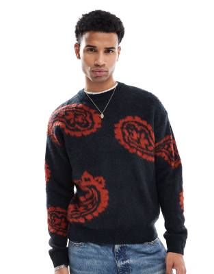 brushed knitted sweater with paisley print in navy