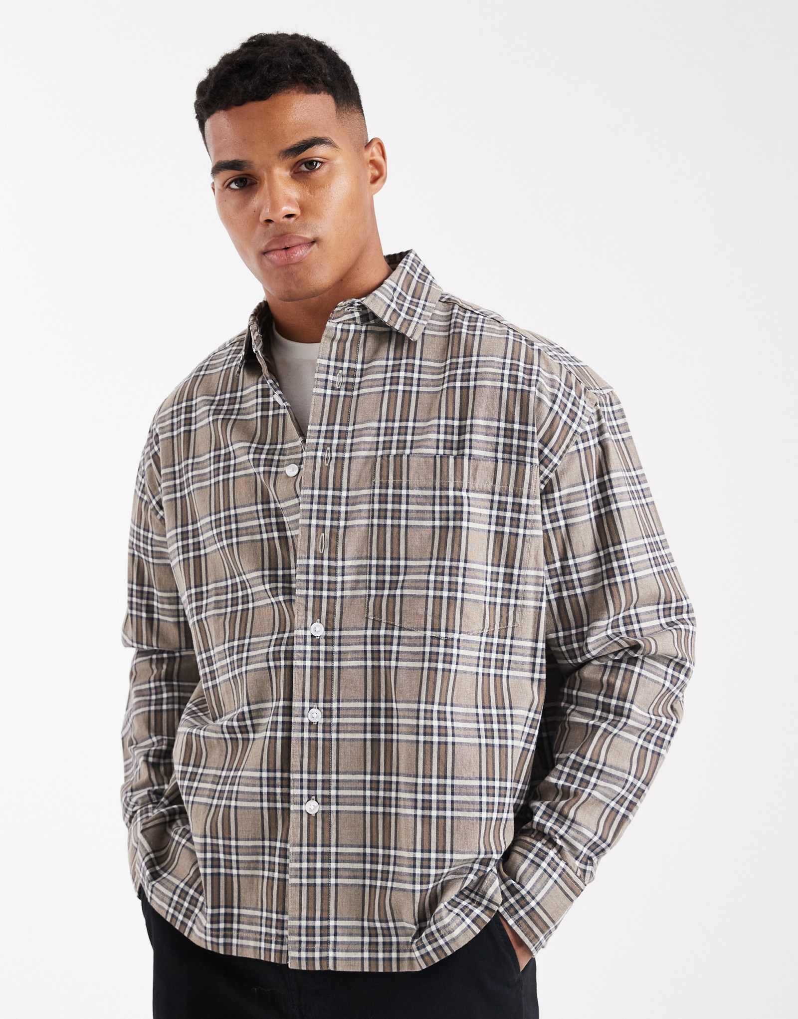 Гладкая рубашка ONLY &SONS в бежевую клетку 