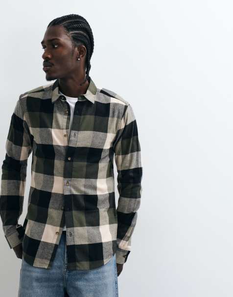 ONLY & SONS buffalo check shirt in dark green & cream - view 1