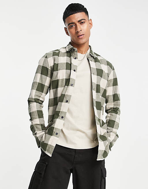 Only & Sons buffalo check shirt in khaki and beige 