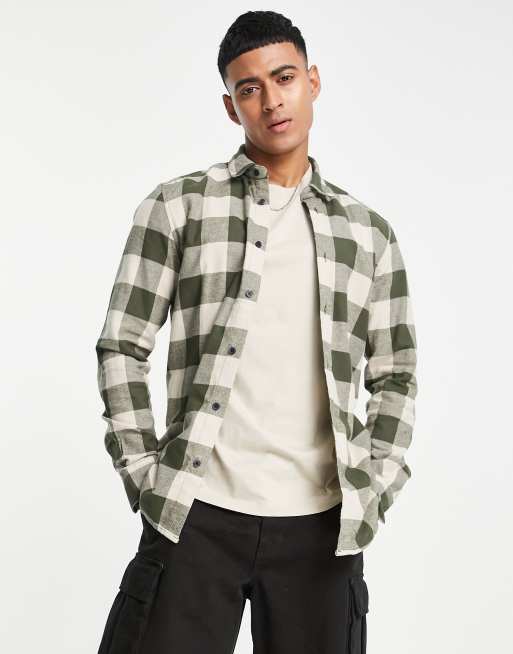 Only & Sons buffalo check shirt in khaki and beige