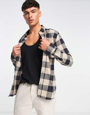 Only & Sons Buffalo Plaid Shirt In Khaki And Beige-green In Navy