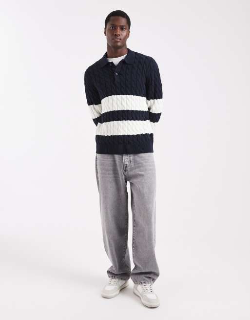 ONLY & SONS cable knit polo in navy & white stripe, 2 of 5