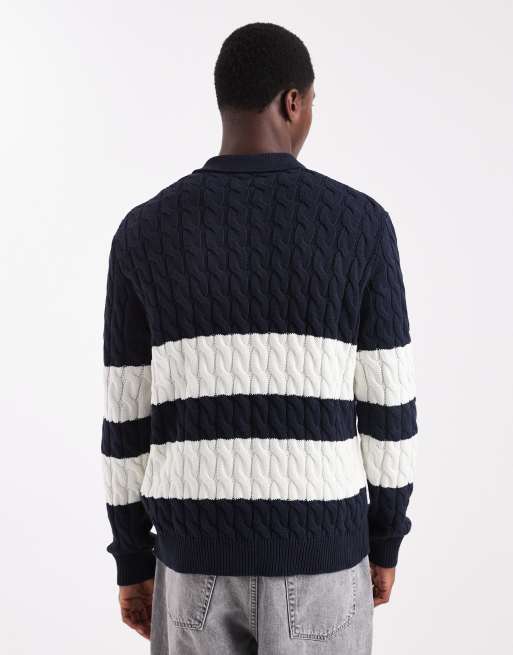 ONLY & SONS cable knit polo in navy & white stripe, 3 of 5