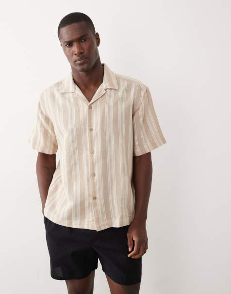 ONLY & SONS - Camicia a maniche corte comoda in maglia color panna a righe tono su tono - view 1
