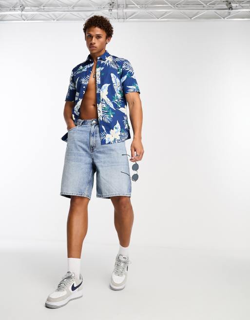 Only & Sons - Camicia a maniche corte con stampa di palme, colore blu navy