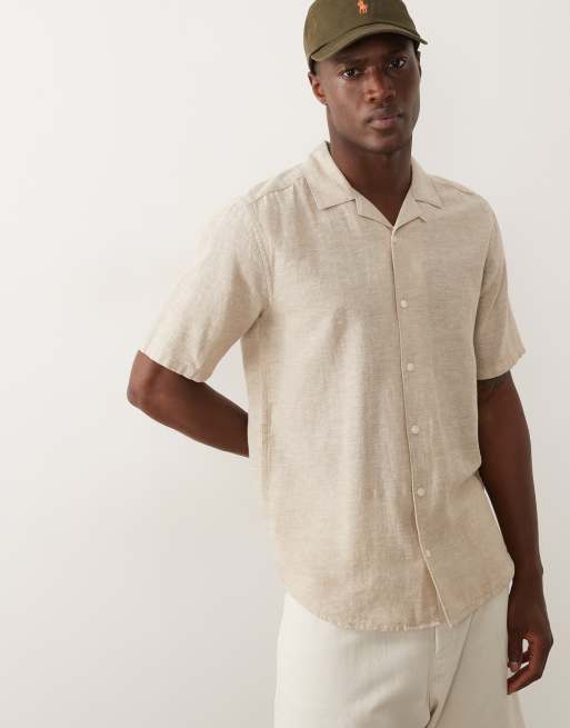 ONLY & SONS - Camicia a maniche corte in lino testurizzato color talpa in coordinato