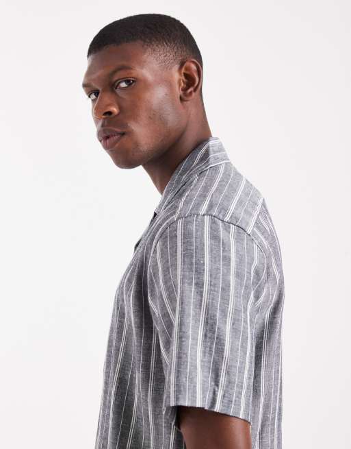 ONLY & SONS - Camicia a maniche corte in misto lino blu navy a righe, 4 di 5