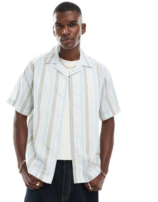 ONLY & SONS - Camicia a maniche corte testurizzata a righe beige e blu