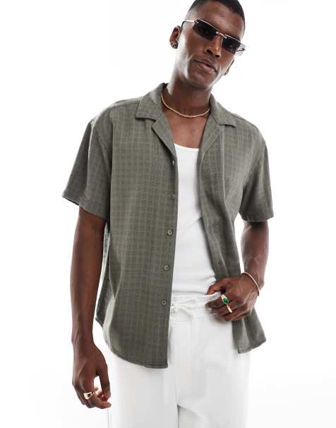 ONLY & SONS - Camicia a maniche corte testurizzata kaki in lino - view 1