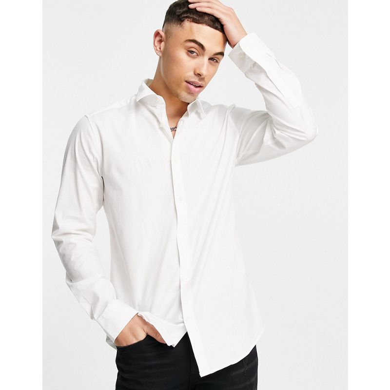 JAsJF Uomo Only & Sons - Camicia a maniche lunghe elasticizzata, colore bianco