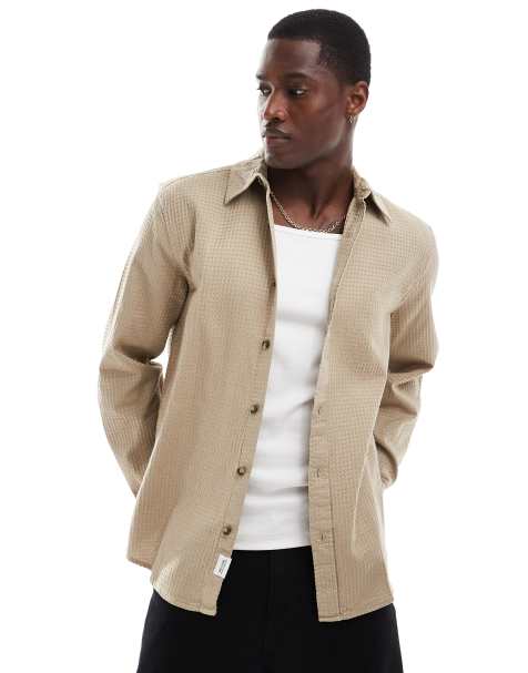 ONLY & SONS - Camicia a maniche lunghe testurizzata a nido d'ape marrone chiaro - view 1