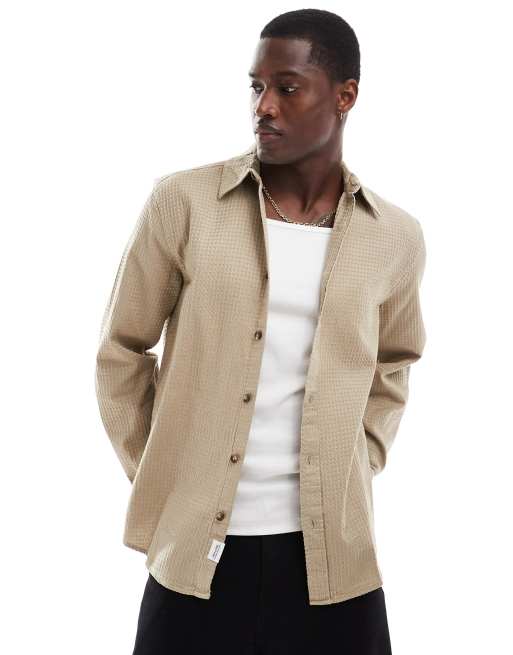 ONLY & SONS - Camicia a maniche lunghe testurizzata a nido d'ape marrone chiaro