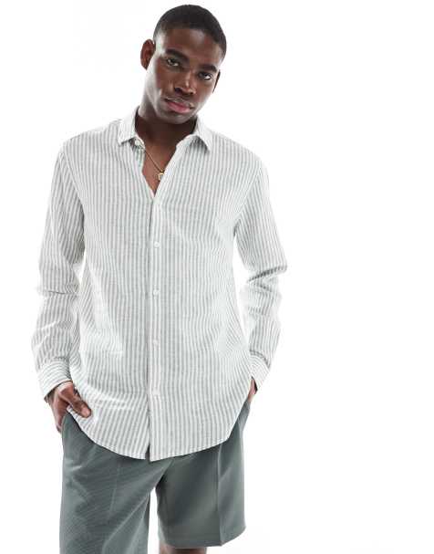 ONLY & SONS - Camicia a maniche lunghe verde salvia a righe in misto lino - view 1