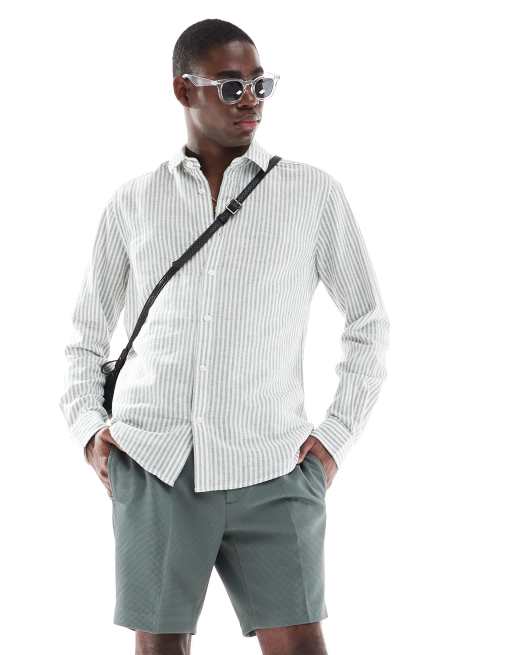 ONLY & SONS - Camicia a maniche lunghe verde salvia a righe in misto lino, 4 di 4