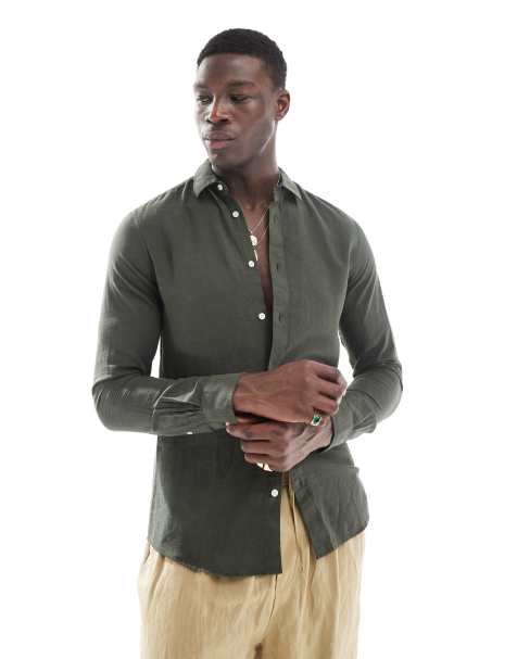 ONLY & SONS - Camicia a maniche lunghe verde scuro in misto lino - view 1