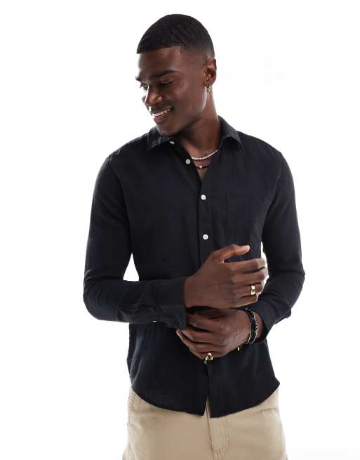 ONLY & SONS - Camicia a maniche lunghe vestibilità comoda nera in misto lino