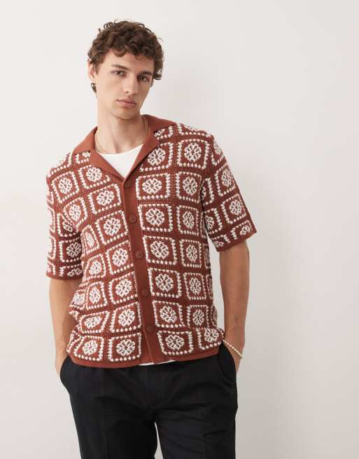 ONLY & SONS - Camicia all'uncinetto marrone ruggine con fiori color crema