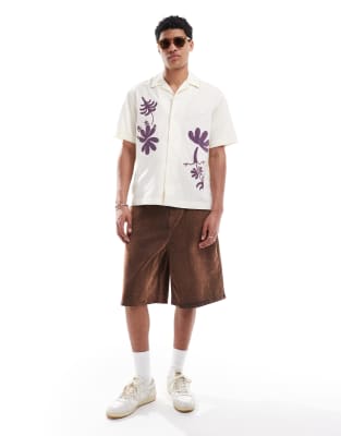 ONLY & SONS loose fit embroidered shirt in off white
