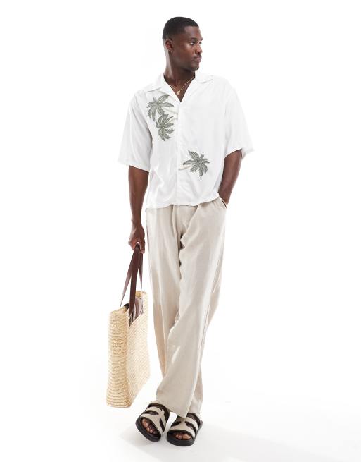 ONLY & SONS - Camicia bianco sporco con colletto a rever e palme