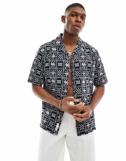 Only & Sons - Camicia blu navy con ricami e rever