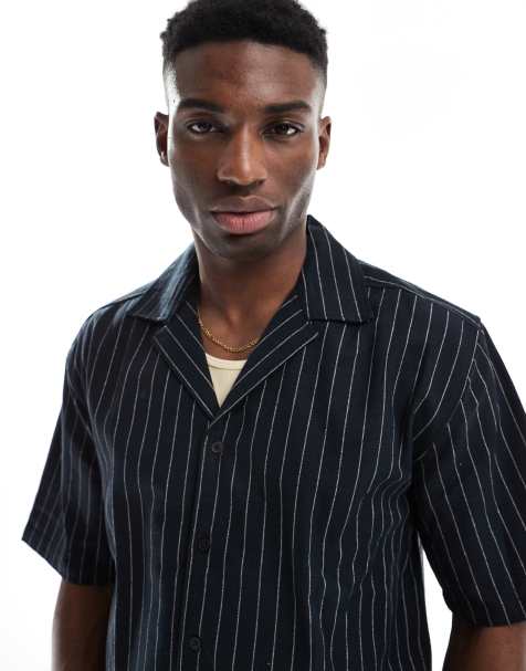 ONLY & SONS - Camicia comoda in lino nera con motivo gessato in coordinato - view 1