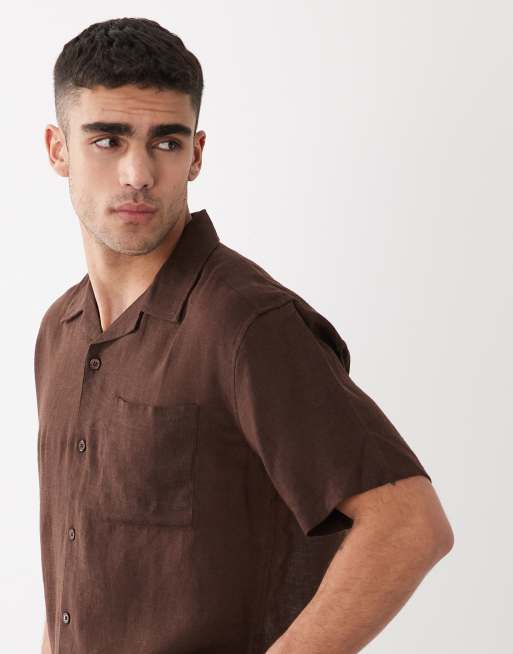 ONLY & SONS - Camicia comoda in misto lino marrone in coordinato, 3 di 5