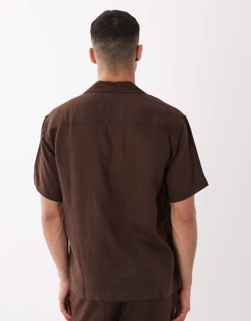 ONLY & SONS - Camicia comoda in misto lino marrone in coordinato, 5 di 5