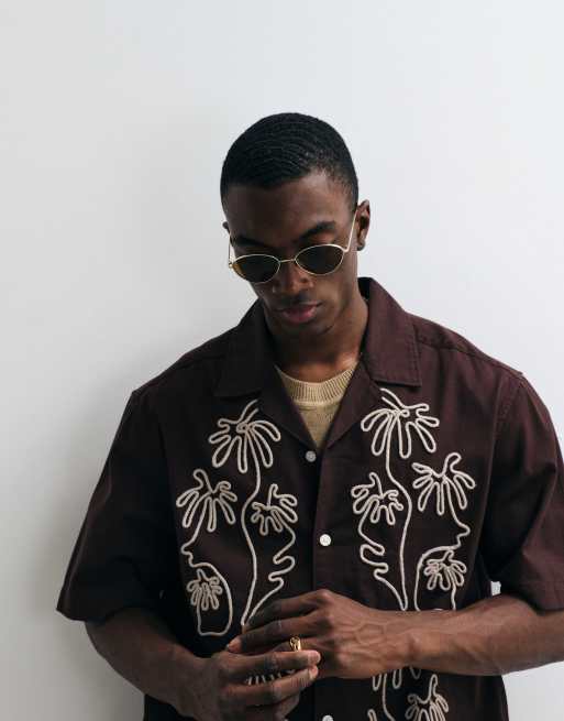 ONLY & SONS - Camicia comoda marrone scuro con ricamo e colletto stile resort, 2 di 5