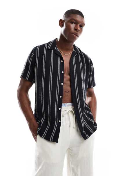 ONLY & SONS - Camicia con colletto e rever testurizzata blu navy a righe - view 1