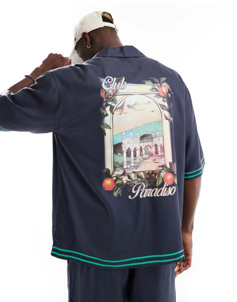 ONLY & SONS - Camicia con collo a rever blu navy con stampa “Club Paradiso” sul retro - view 1